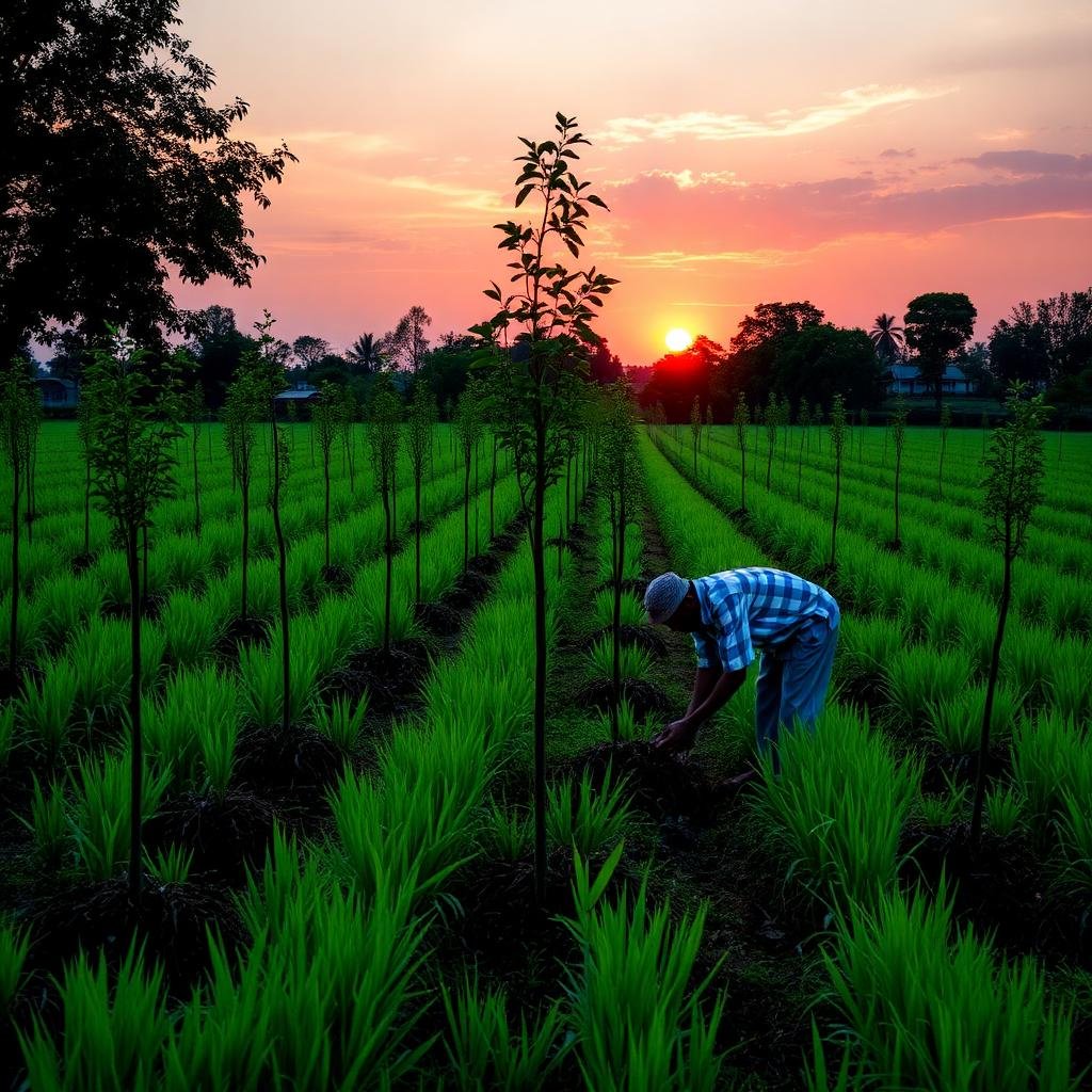 Farmers planting saplings at sunset