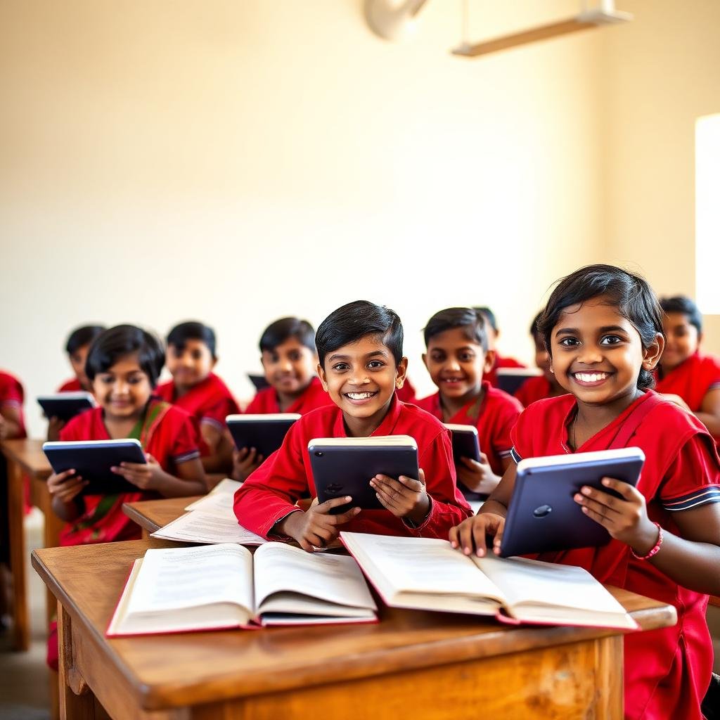 Village children learning with books and tablets