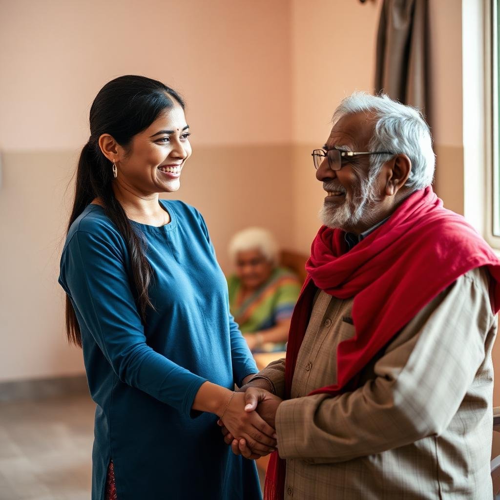 Volunteer holding hands with an elderly man at a shelter home