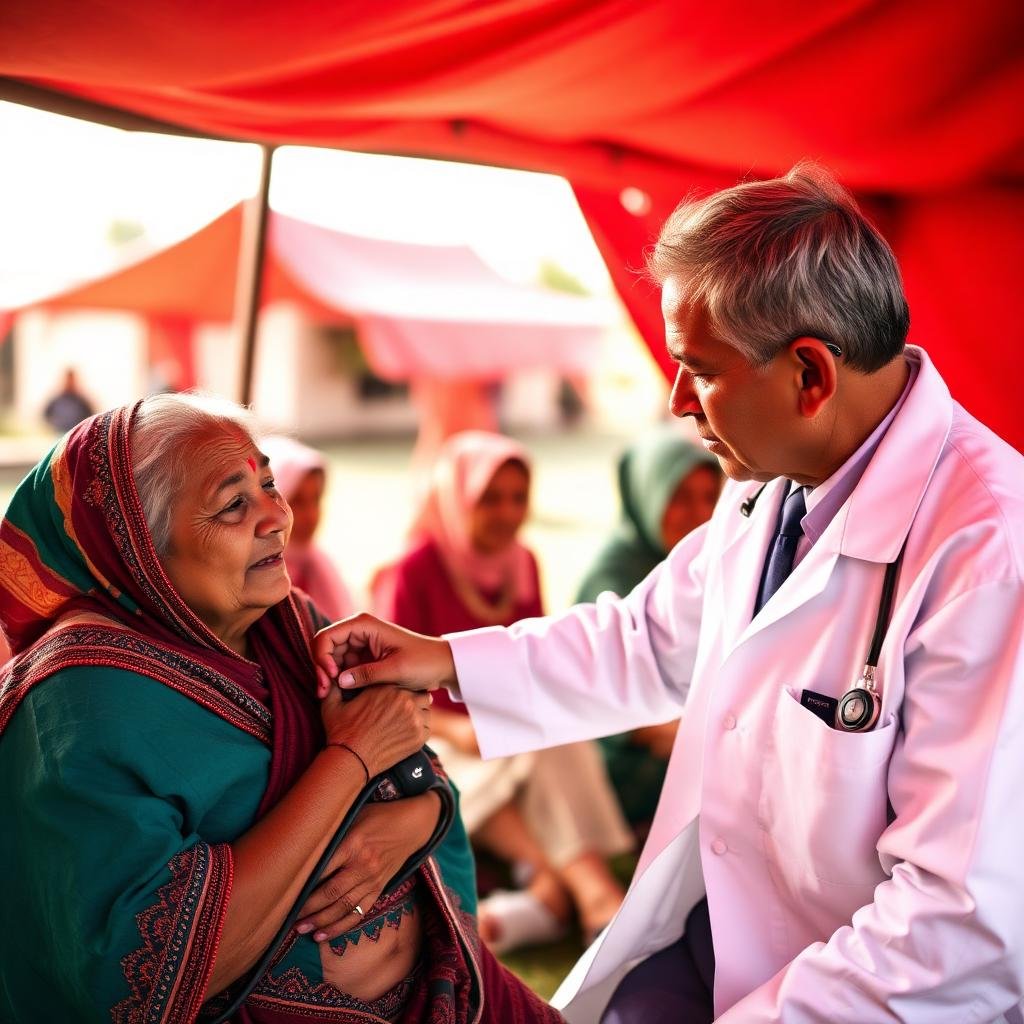 Doctor checking an elderly woman at a rural health camp