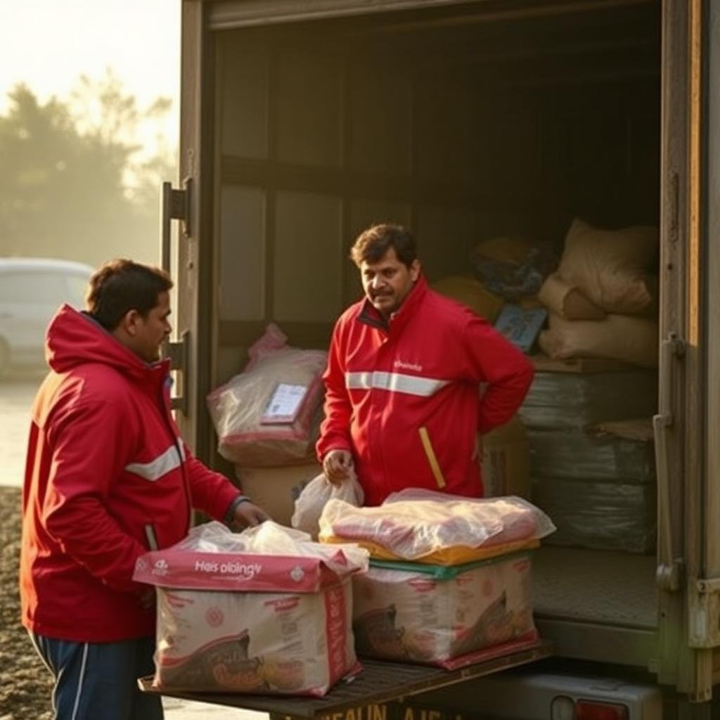 Volunteers unloading relief supplies after floods