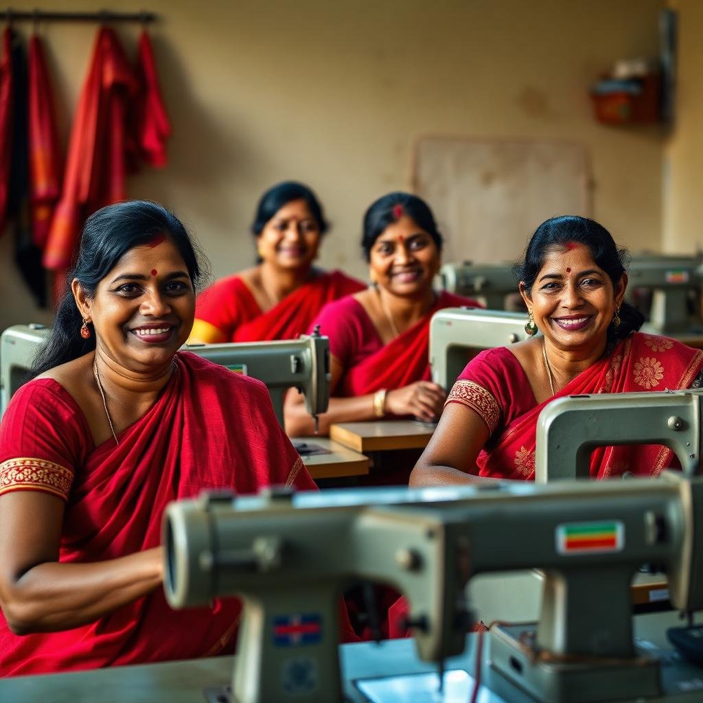 Women of a self-help group at tailoring machines
