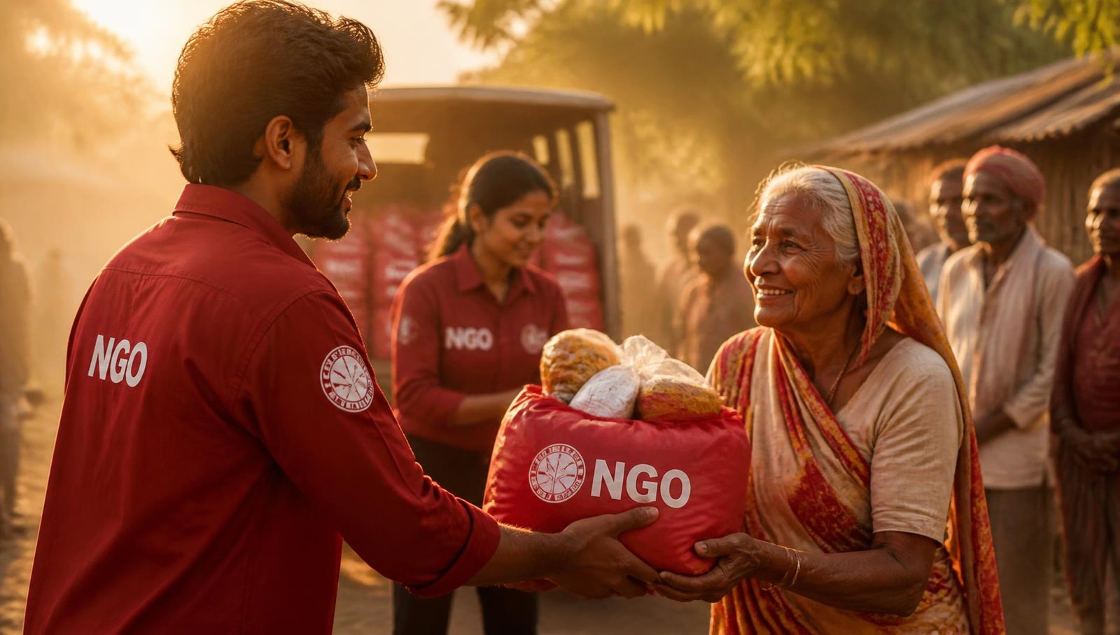 Volunteers of Aaryaatiwari Foundation distributing relief supplies to elderly villagers at sunrise